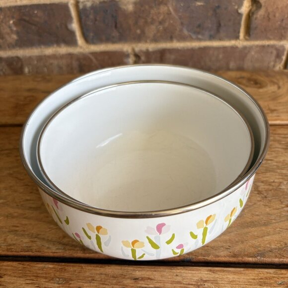 Vintage Enamelware Nesting Mixing Bowls Yellow Flowers Tulips READ - Picture 10 of 10